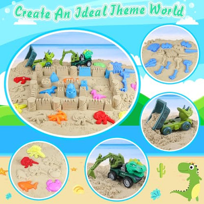Beach Sand Toys, Sandbox Toys with 2 Dinosaur Dump Truck, Collapsible Bucket, Creative Molds, Mesh Bag, Sand Castle Play Set for Kids Ages 3-12, Outdoor Summer Beach Essentials for Building & Playing
