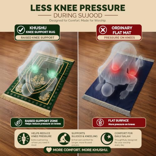 UrmiX Memory Foam Knee Support Prayer Rug/Mat– Orthopedic Style Thick Padded Janamaz Sajada, Premium Velvet Islamic Rug with Non-Slip Base, Tasbih Beads & Gift Box Included (Green) - color: Emerald Green