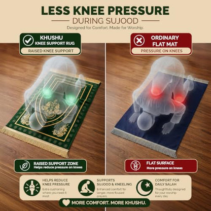 UrmiX Memory Foam Knee Support Prayer Rug/Mat– Orthopedic Style Thick Padded Janamaz Sajada, Premium Velvet Islamic Rug with Non-Slip Base, Tasbih Beads & Gift Box Included (Green) - color: Emerald Green