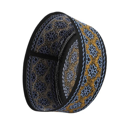 Muslim Prayer Kufi Hat Men Islam Skull Embroidery Cap Beanie Hat Arabian Omani Turkish Prayer Headwear Eid Gift - color: Blue Flower