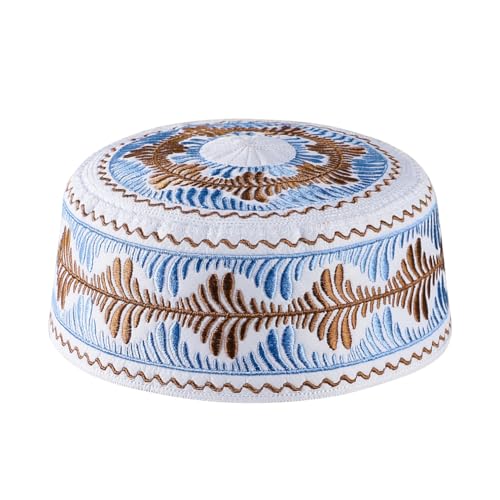 Kids Boys Muslim Prayer Kufi Hat Islamic Prayer Cap Embroidered Prayer Headwear Cap Praying Skull Cap Topi Ramadan Eid Hat - color: Blue-medium
