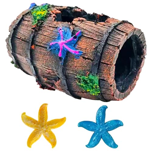 Star-Fish Broken Barrel Betta Fish Tank Decorations, Fish Aquarium Decorations Broken Barrel x 1pc, Tank Accessories Ornaments Starfish x 2pcs(Yellow and Blue