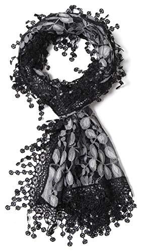 Cindy & Wendy Lightweight Soft Leaf Lace Fringe Scarf Bridal Shawl for Women - color: Black Grey