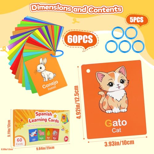 Toddler Spanish Learning Flash Cards, 60 PCS Double Sides Bilingual Flashcards for Numbers, Colors, Shapes, Sight Words, Learn Spanish for Kids, Preschool Kindergarten Learning Activities - style: Spanish Learning Cards