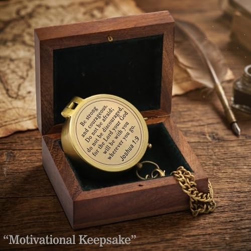 Compass – Brass Directional Vintage Compass Engraved with “Be Strong and Courageous” Joshua 1:9 Bible Verse, Baptism 2026 Communion Christian Inspirational Gifts for Women/Men - style: Be Strong 3- Wood Box
