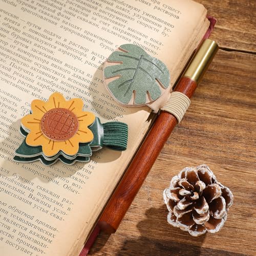 2PCS Magnetic Bookmarks with Pen Clip, Leather Bookmarks for Women, Magnetic Pen Holder Book Accessories - style: Sunflower & Leaf