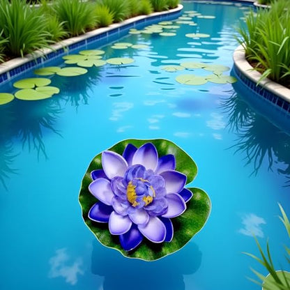 Jinshining 1pc Blue Artificial Floating Foam Lotus Flower with Water Lily Pad,Lifelike Pond Pool Lotus Ornaments,Realistic Ornament for Home Garden Pond Aquarium Decor,Artificial Plants and Flowers