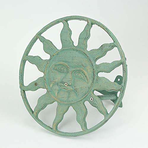 Verdigris Green Finish Cast Iron Sun Face Decorative Wall Mounted Garden Hose Hanger - 12 Inches in Diameter - Simple Installation -75 Foot Capacity Hose Holder | Wall-Mounted Storage, Holds About 75 Feet of Hose, Three-Point Mounting with Bolts and Ancho