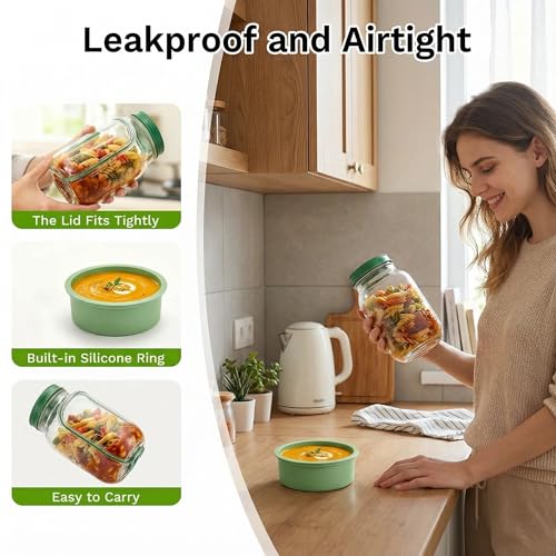 Salad Jar with Side Opening, Mason Jar Salad Leak Proof Dressing Container for Lunch with Dressing Compartment, Dishwasher Safe Meal Prep Box for Meal Prep Food Jars, Home, Office, Travel