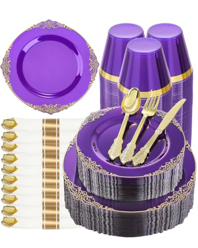 Goodluck 350 Piece Clear Purple Plastic Dinnerware Set for 50 Guests - color: Purple, size: 50 Guests
