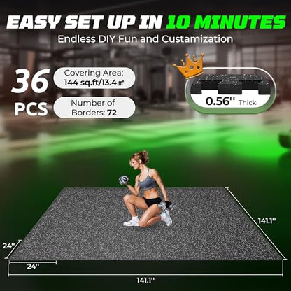 0.56" Rubber Top Gym Flooring, Heavy Duty Interlocking Gym Mats for Home Gym, Non-Slip Workout Mat, 24 x 24in Large Gym Floor Mat, Protect Floors from Equipment, 144 Sq Ft, Black/Grey - size: 36 Tiles (144 Sq Ft)