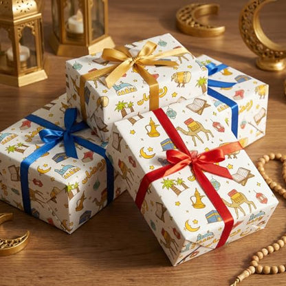 GIOLNIAY Ramadan Wrapping Paper - Eid Gift Wrap with Islamic Lanterns, Camels, Crescent Moon, Mosques and Arabic Ramadan Lettering - 4 Jumbo Sheets, 28" x 40" Each, Easy to Store
