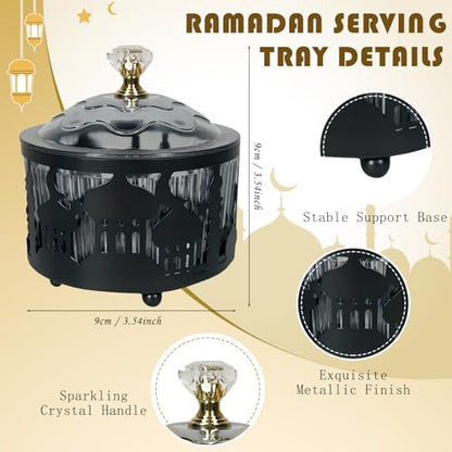 Ramadan Serving Trays, Ramadan Trays with Lid Metal Eid Mubarak Tray, Mini Cake Candy Tray Reusable Dessert Tray Round Food Storage Organizer for Eid Party Activity - color: Black