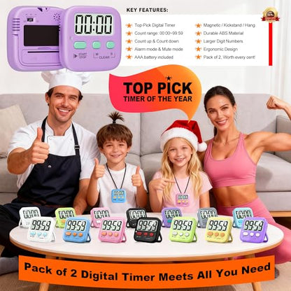 2 Pack Digital Timer for Kids Classroom Kitchen Timers for Cooking | w/ Battery, Easy to View, Alarm, Mute Mode, Count Down/Up, Magnetic, Kickstand, Hanging, Classroom Timer for Teacher Supplies - color: Fresh Purple