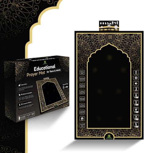 Educational Prayer Mat for Teens and Adults - Interactive Islamic Prayer Rug with LED Position Indicator, LCD Rakat Counter, Compass, 50 Touch-Sensitive Buttons, Non-Slip Backing