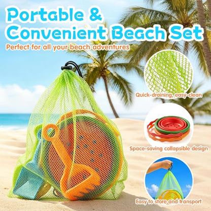 Collapsible Beach Toys for Kids, 2 Packs Foldable Silicone Sand Buckets Set with 4 Packs Sand shovels and Mesh Bag, Travel Beach Essentials for Sandbox, Pool, Camping,Fishing, Summer Party Favors - color: Red-yellow