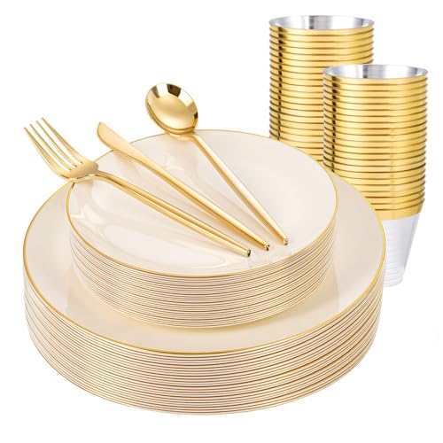 bUCLA 150PCS Ivory Plastic Plates with Gold Trim - Heavy Duty Cream Plastic Disposable for Party & Wedding - Include 25 Each（Dinner & Dessert） Plates, 25 Knives, 25 Forks, 25 Spoons & 25 Cups - color: Ivory Gold, size: 25 Guests