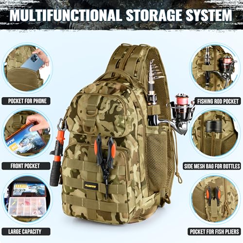 PLUSINNO Fishing Gear,Fsihing Backpack with Floating Fishing Net,Tackle Boxes,Waterproof Fishing Tackle Bag,Fishing Gifts for Men - color: Khaki Camo Backpack With Fishing Net