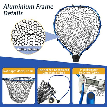 Telescoping Metal Lock Fishing Net Blue Aluminum Alloy Rubber Fish Net - Adjustable Length Lightweight Foldable Large Fishing Net with Handle Collapsible Extendable Fishing Accessories - color: Blue:3-section pole|length:63.7"