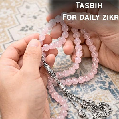 Amazing Gemstone Rose Quartz Tasbeeh with Moon and Star Charm - Certified Crystal Muslim Prayer Beads Natural Gemstone Tasbih Gift for Ramadan Dhikr and Daily Namaz (S) - color: Rose Quartz