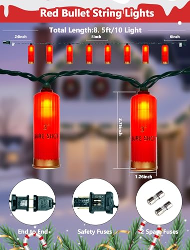 2.6m(8.5피트) LED 샷건 쉘 크리스마스 조명 야외, 크리스마스 장식 조명, LED 레드 불렛 전구 10개, 벽걸이 불렛 스트링 조명, 파티오 정원 뒷마당 파티 크리스마스 트리 장식, 그린 와이어 - color: 레드 불릿