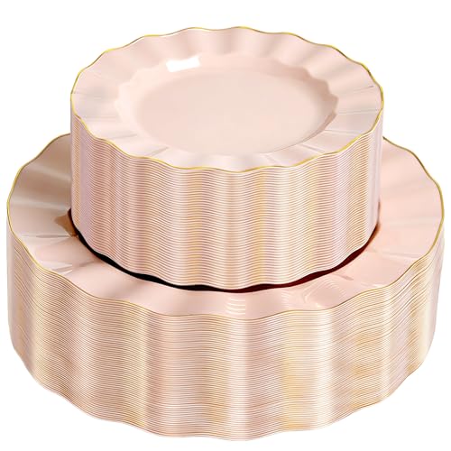 72PCS Blush Pink Plastic Plates, Wavy Plates with Gold Rim - color: Blush Pink, size: 72PCS