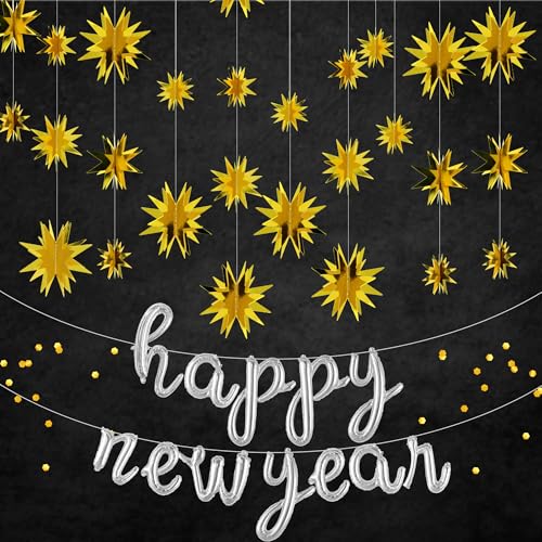 KatchOn, Pack of 15, 3D Gold Star Garland Decorations | Star Hanging Decorations for New Years Decorations 2026 with Silver Happy New Years Balloons | Happy New Year Eve Balloons for NYE Decor
