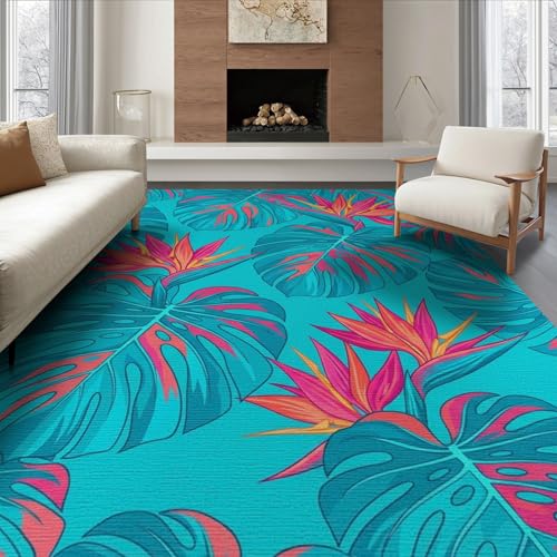 6'x9' Washable Modern Monstera Area Rug, Teal Non-Shedding Pet Friendly Room Rug for Queen Size Bedroom, Under Bed, Master Suite, Foldable Easy Care Carpet | Ref:1991833 - color: Blue/Pattern 26, size: 6' x 9' (Rectangular)