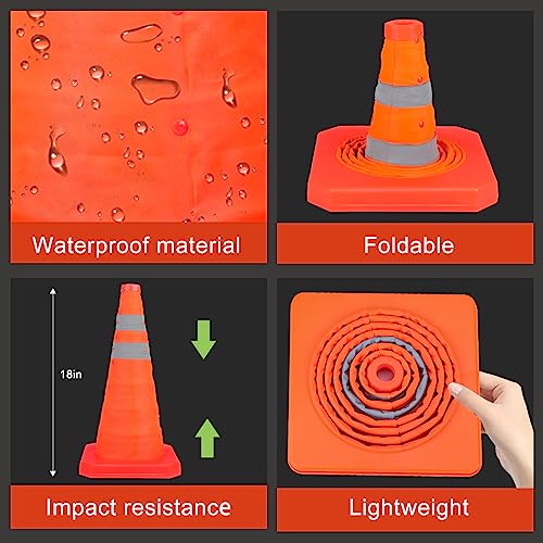 TENKAIWICK 18 Inch 6 Pack Traffic Cones,Collapsible Safety Cones,Multi Purpose Pop-up Cones with Reflective Collar,Orange Cones for Parking lot, Driveway, Driving Training etc - size: 18Inch
