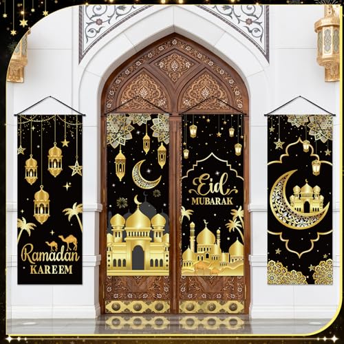 Panelee 4 Pcs Ramadan Mubarak Porch Sign Banners Black Gold Eid Mubarak Decorations Muslim Ramadan Kareem Door Banner Backdrop for Home Doorway Indoor Outdoor Wall Hanging Decor - style: Black Gold Eid