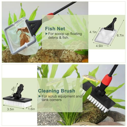 hygger Easy Clean Fish Tank Cleaner, 6 in 1 Aquarium Cleaning Tools Kit with Extendable Handle Algae Scraper Sponge Scrubber Firm Scrub Brush Fish Net Gravel Rake for Acrylic & Glass Tank - size: M(Extendable Handle)