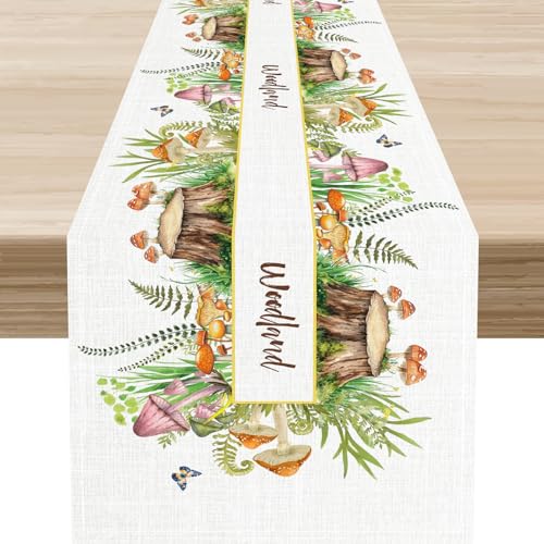 Rustic Mushroom Table Runner, Spring Summer Watercolor Floral Colorful Wooden Butterfly Forest Plants Seasonal Botanical Leaf Farmhouse Wildflowers Home Kitchen Dining Table Decoration 13"x36" - color: Tr-mushroom07, size: 13x36" Table Runner