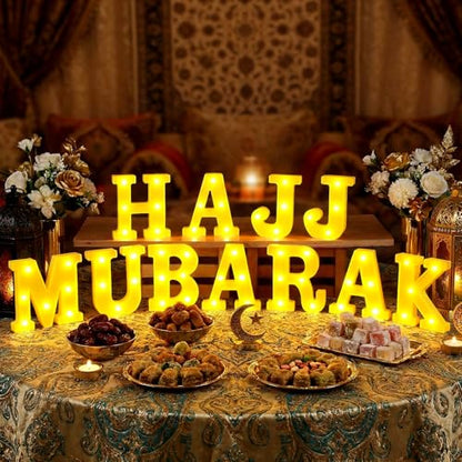 Aurelema Sukkot Large LED Letter Sign LED Lights Battery Powered Table Decoration for Party Gift Tabletop Decoration(Hajj Mubarak) - size: 8.27 inches, style: Hajj Mubarak