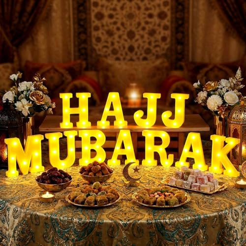 Aurelema Sukkot Large LED Letter Sign LED Lights Battery Powered Table Decoration for Party Gift Tabletop Decoration(Hajj Mubarak) - size: 8.27 inches, style: Hajj Mubarak