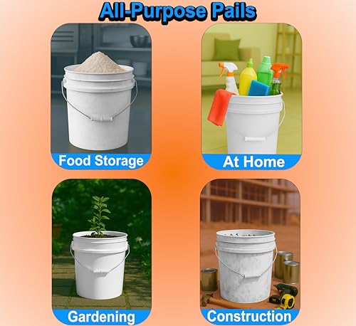 5-Gallon Bucket Only – No Lid Included, Made in USA, Food Grade BPA Free Plastic, Heavy Duty Multi-Use, Metal Handle with Grip, Stackable Storage – White, 6 Pack - color: White, size: 6