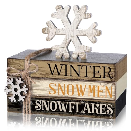 4 Pcs Winter Table Decorations Snowmmen Tiered Tray Decorations Christmas Mini Snowflake Wooden Books Signs for Office Shelf Classroom Tabletop Bookshelf - style: Winter