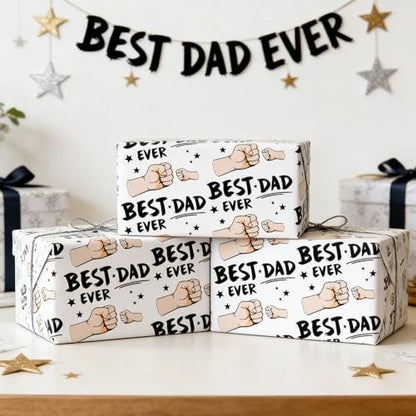 Cuitpan Father's Day Wrapping Paper - 4 Jumbo Sheets, 28x40 Inches, Best Dad Ever Fist Bump & Star Design, for Father's Day, Birthday & Dad Gifts - color: White-Father's Day