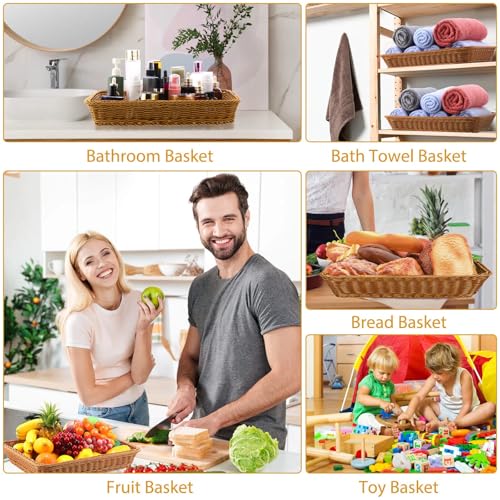 Eccliy 6 Pack Wicker Bread Baskets Woven Serving Basket, 19 Inch | Poly Wicker Storage for Gift, Rectangle Rattan Display Trays for Bread Food Vegetables Fruit Snacks Tabletop Restaurant Home - size: 19 Inch