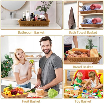 Eccliy 6 Pack Wicker Bread Baskets Woven Serving Basket, 19 Inch | Poly Wicker Storage for Gift, Rectangle Rattan Display Trays for Bread Food Vegetables Fruit Snacks Tabletop Restaurant Home - size: 19 Inch