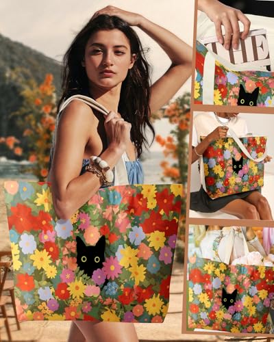 Miss Adola Large Tote Bag for Women - Canvas Tote Bag with Zipper Aesthetic Reusable Shoulder Bag for Gym, Travel, Work - style: Cat in Flower