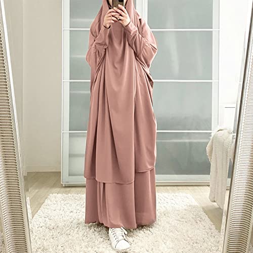 Prayer Clothes for Muslim Women Islamic Abaya Suit Maxi Skirt + Khimar Hijab 2pcss Burka Jilbab Kaftan - color: Khaki