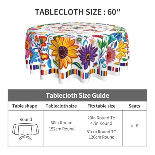 Mexican Floral Birds Tablecloth Mexico Round Table Cover Washable Table Cloth for Home Kitchen Party Picnic 60 Inch - color: Mexican Floral Birds