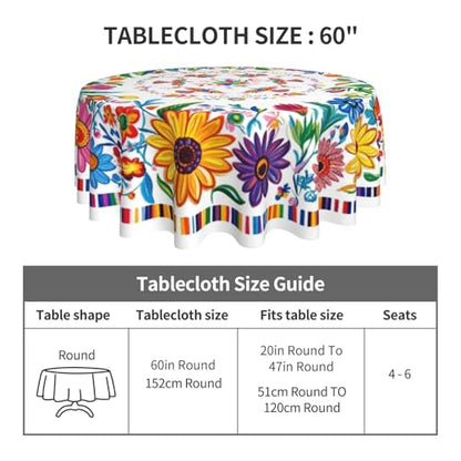 Mexican Floral Birds Tablecloth Mexico Round Table Cover Washable Table Cloth for Home Kitchen Party Picnic 60 Inch - color: Mexican Floral Birds