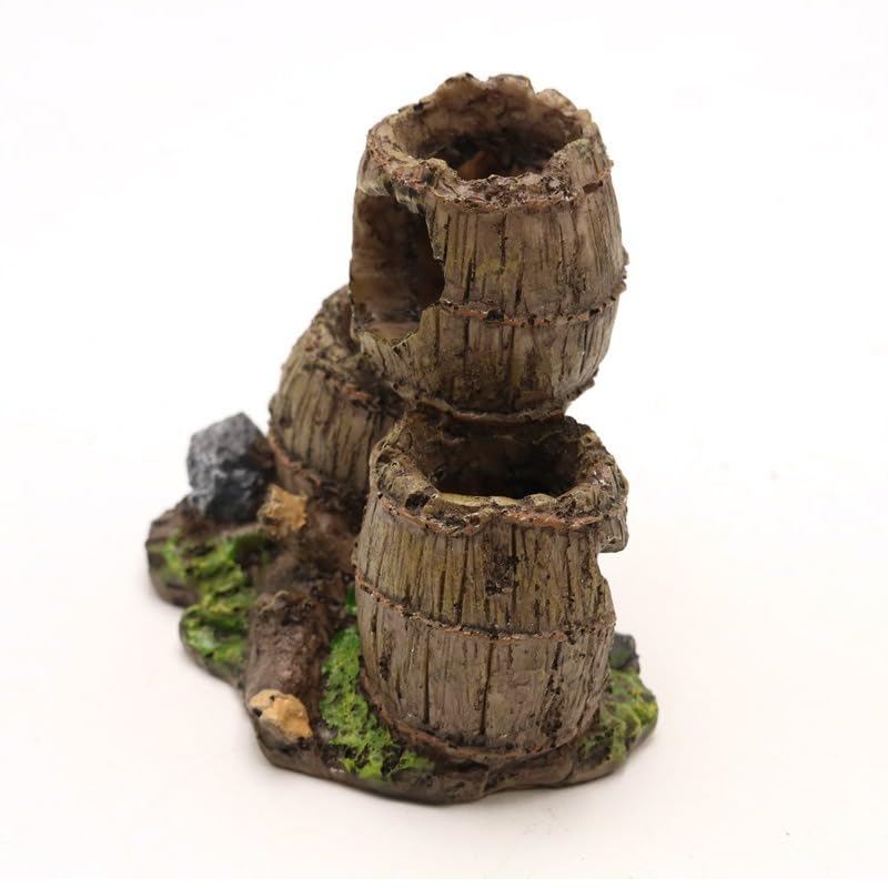 Resin Broken Barrel Aquarium Decoration, Stacked Barrels Ornament, Fish Tank Hideout, 10.5 x 7 x 10 cm
