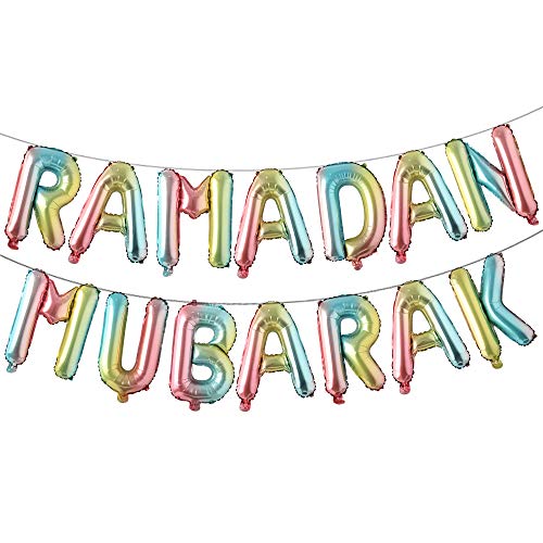 16in Rose Gold Eid MUBARAK Foil Balloons - Party Decoration Supplies for Ramadan & EID - Rainbow - color: Ramadan Rainbow
