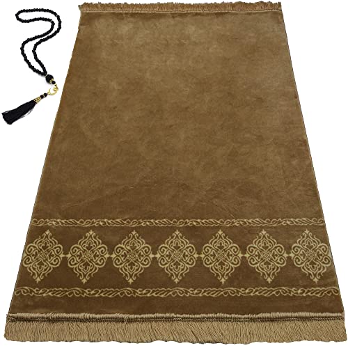 Modefa Turkish Islamic Prayer Rug - Large & Wide Soft Velvet Janamaz - Comfortable Muslim Praying Mat for Men & Women - Ramadan or Eid Gift - with Prayer Beads Tesbih - Grand Plush (Gold) - color: Gold