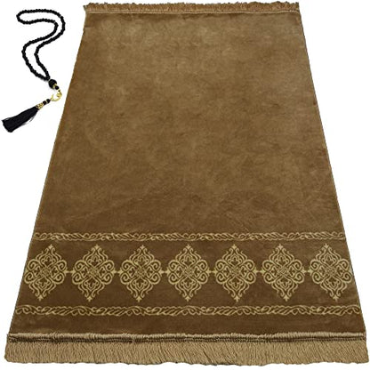 Modefa Turkish Islamic Prayer Rug - Large & Wide Soft Velvet Janamaz - Comfortable Muslim Praying Mat for Men & Women - Ramadan or Eid Gift - with Prayer Beads Tesbih - Grand Plush (Gold) - color: Gold