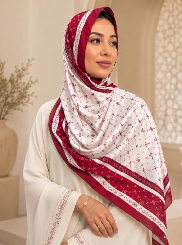 Satin Hijab Scarf for Women, Silk-Feeling Muslim Headscarf, Digital Bow Letter Print Head Wrap Shawl for Summer - color: Mlp004-white