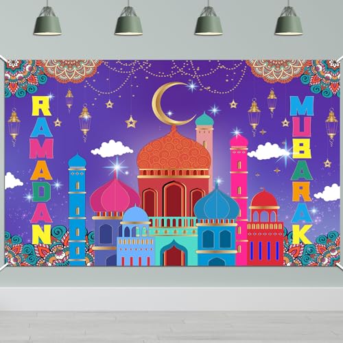 HOWAF Ramadan Mubarak Backdrop Banner, Eid Mubarak Party Decoration Background Banner for Eid Holiday Party Supplies, Purple Ramadan Kareem Supplies Hanging Banner Poster for Photo