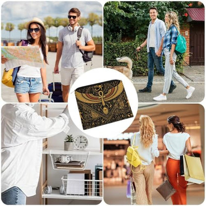 Egyptian Symbols Golden Hieroglyphic Makeup Bag for Women, Cosmetic Pouch Travel Toiletry Organizer Bag 8.9"x6.5" Polyester - color: Egyptian Symbols Golden Hieroglyphic